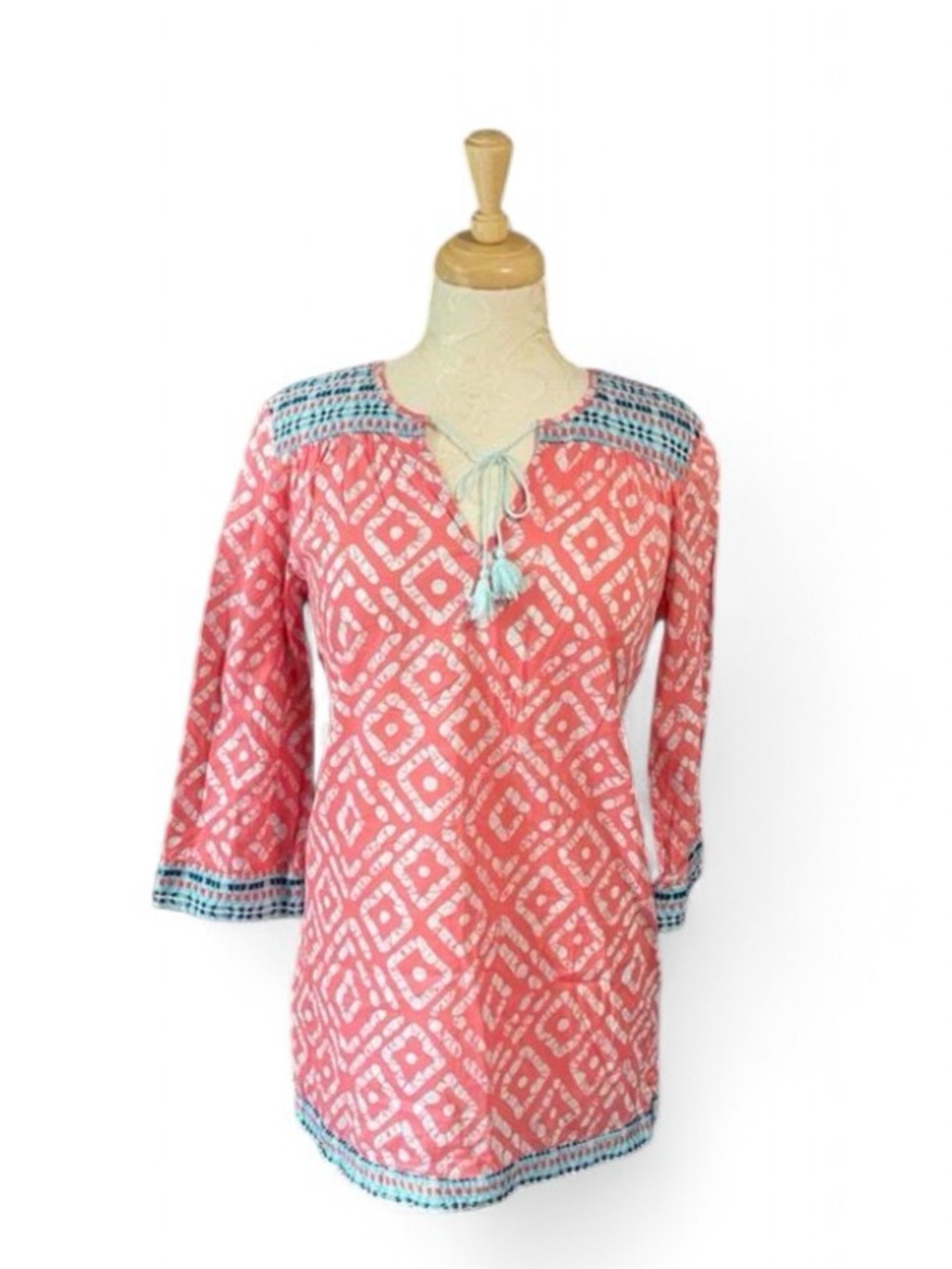 J.McLaughlin Paget Coral Geometric Embroidered Tunic Blouse Small